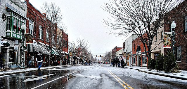 Downtown Franklin with ice on the road.