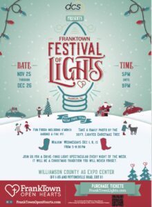 FrankTown Festival of Lights in Franklin, TN, come experience FrankTown Festival of Lights for family fun with the annual Williamson County drive-thru holiday light display.