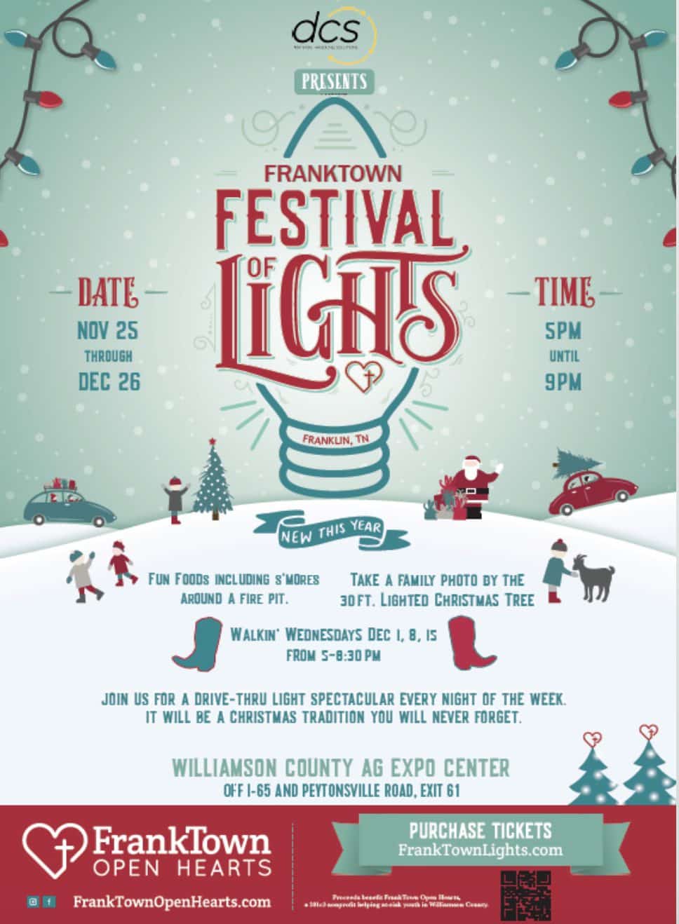 FrankTown Festival of Lights in Franklin, TN, come experience FrankTown Festival of Lights for family fun with the annual Williamson County drive-thru holiday light display.