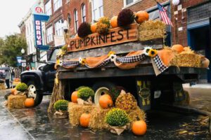 PumpkinFest Downtown Franklin Festival decor, the festival offers kids activities, live music, fall food and drink, costume contest for pets and families, and outstanding arts and crafts featuring seasonal and specialty gift items.
