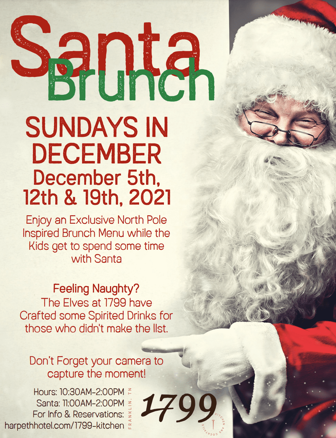 Santa Brunch in downtown Franklin, TN at the Harpeth Hotel, enjoy a North Pole inspired brunch menu while the kids get to spend some time with Santa.