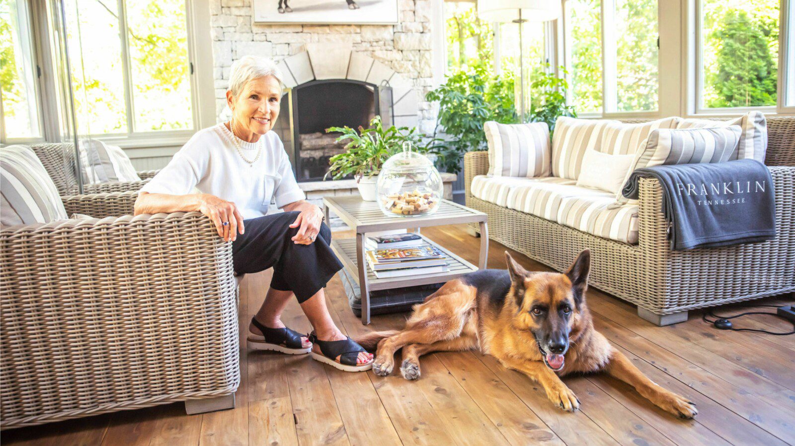SUN PORCH 2 Franklin First Lady Linda Crowell Moore and German Shepherd Mike - Lovely Franklin-1600