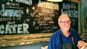 Simply Living Life Franklin, TN restaurant menu board and Don, the owner.