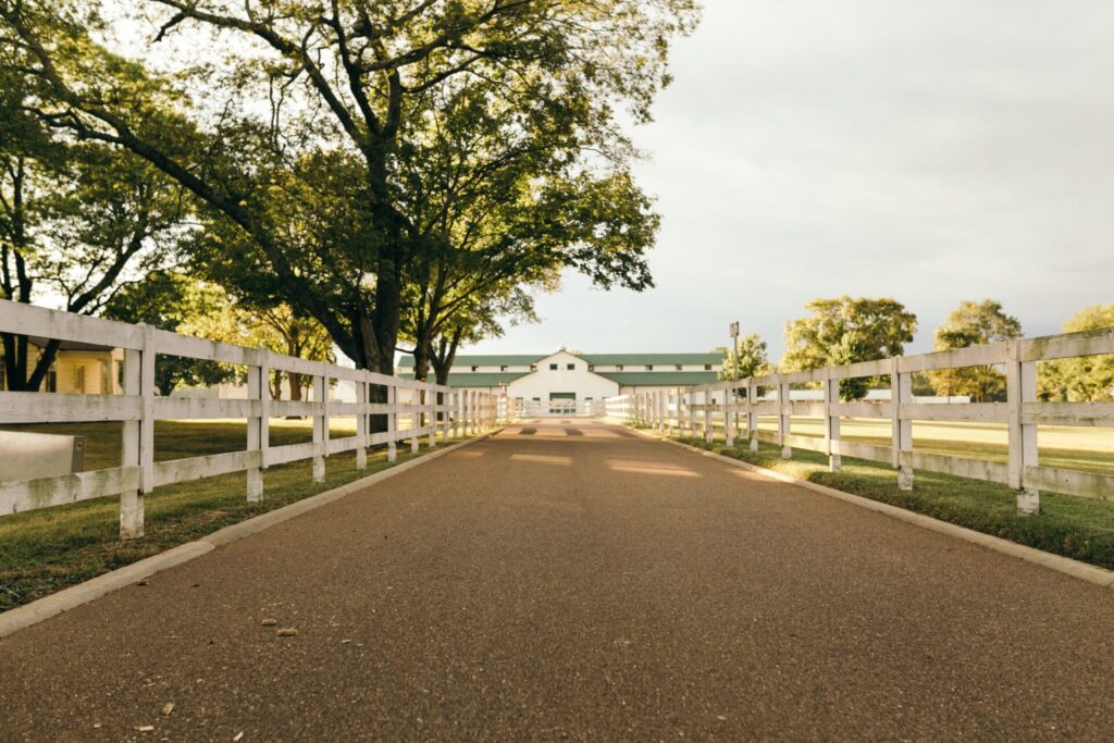 White-fence lane leading to the historic Main Barn at Harlinsdale Farm