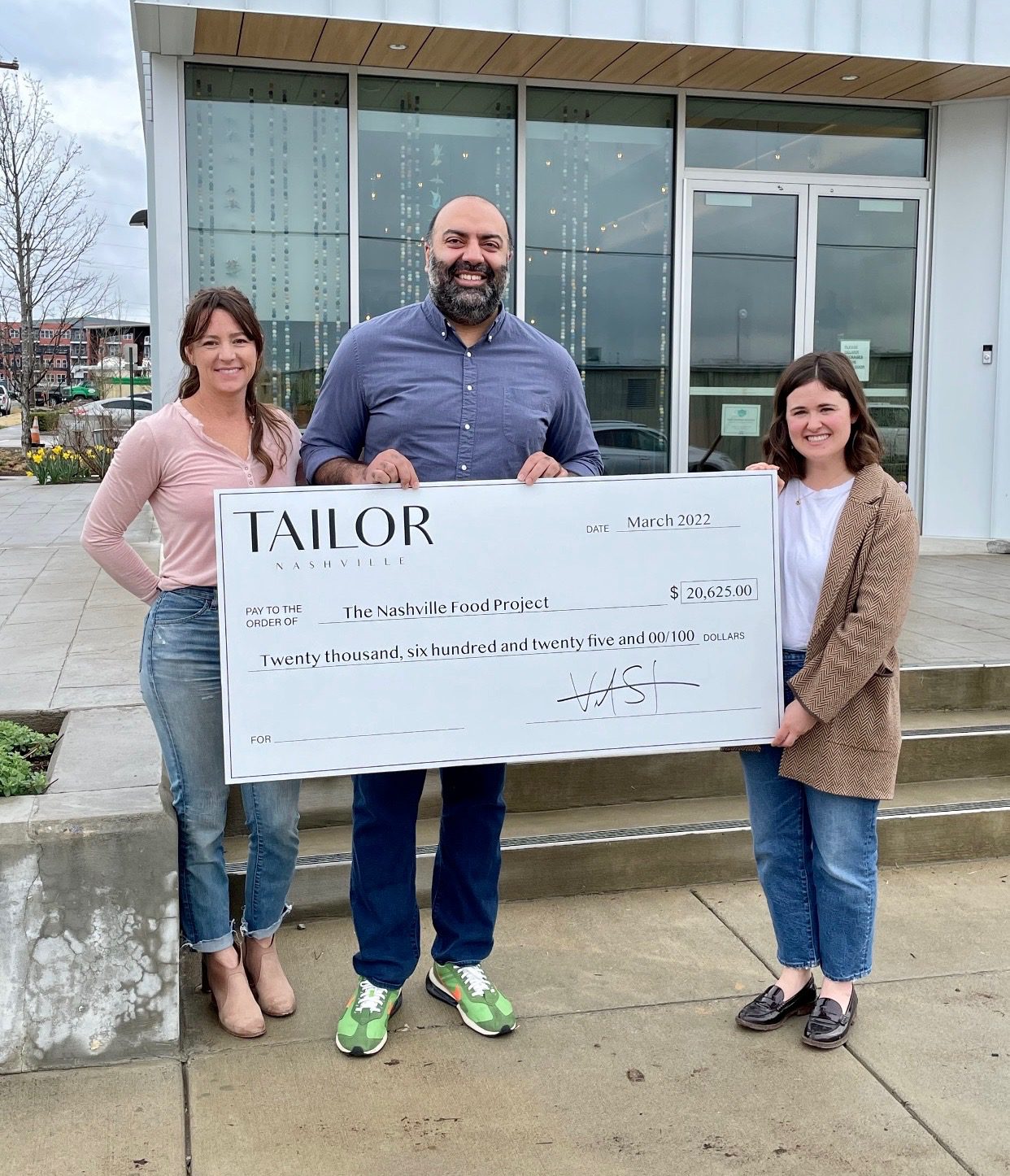 TAILOR presents check to The Nashville Food Project - Heather Southerland, Vivek Surti, Teri Sloan