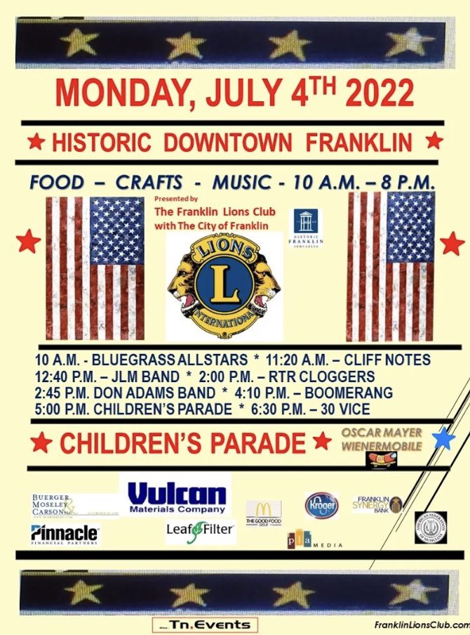 4th of July in downtown Franklin, TN, festival and fireworks, a Fourth of July celebration offering family fun, great music, quality crafts, tasty food, and antique cars.