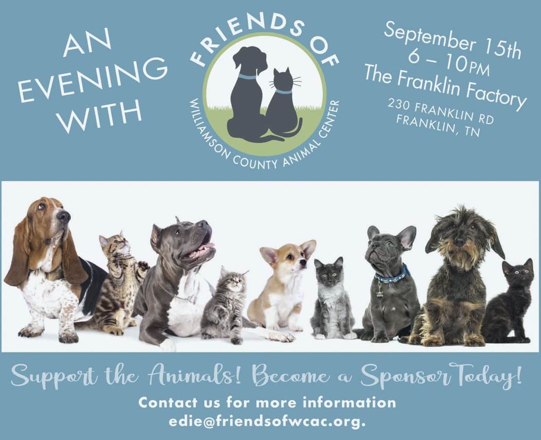 Franklin event, An Evening with Friends of Williamson County Animal Center, live and silent auctions, dinner, wine and beer from an open bar, and live music.