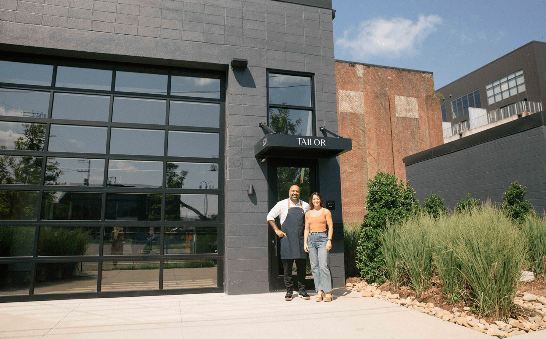 Vivek Surti and Heather Southerland outside the new TAILOR restaurant in Nashville located at 620 Taylor Street.