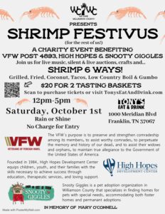 Shrimp Festivus flyer for the Franklin shrimp festival that offers live music, silent and live auctions, and craft tents.