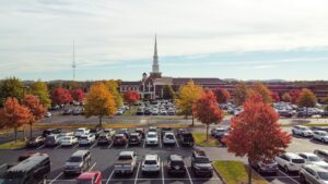 Brentwood Baptist Church in Brentwood, Tennessee, exterior of the church and parking lot spaces.