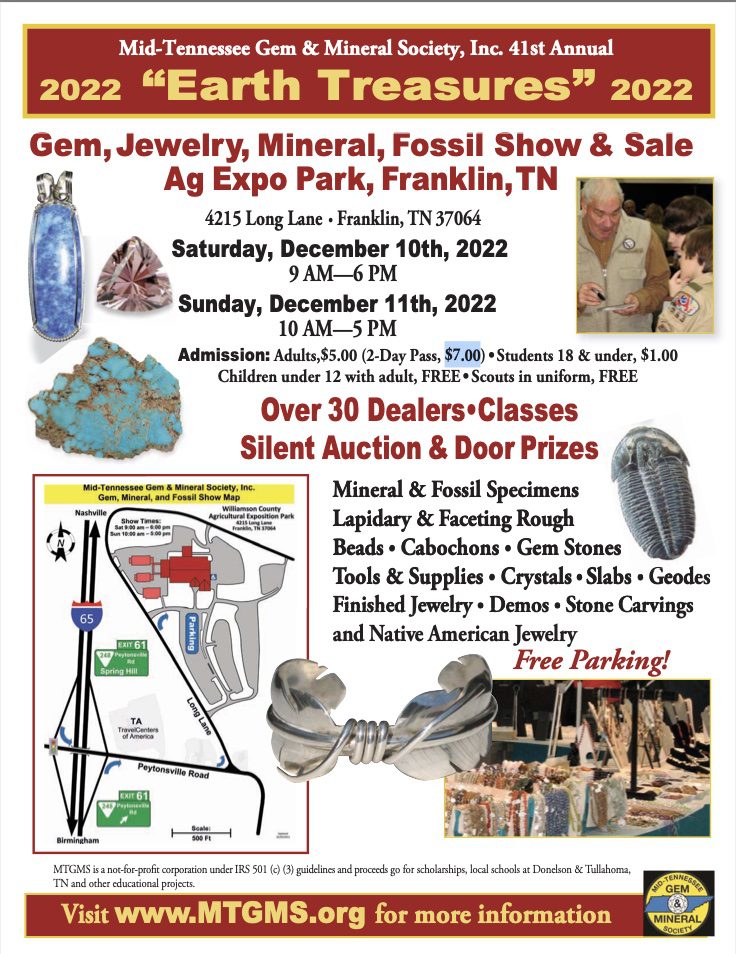 Earth Treasures Gem, Jewelry, Mineral, & Fossil Show & Sale in Franklin, TN, demonstrations, exhibits, jewelry, mineral specimens, fossils and more!