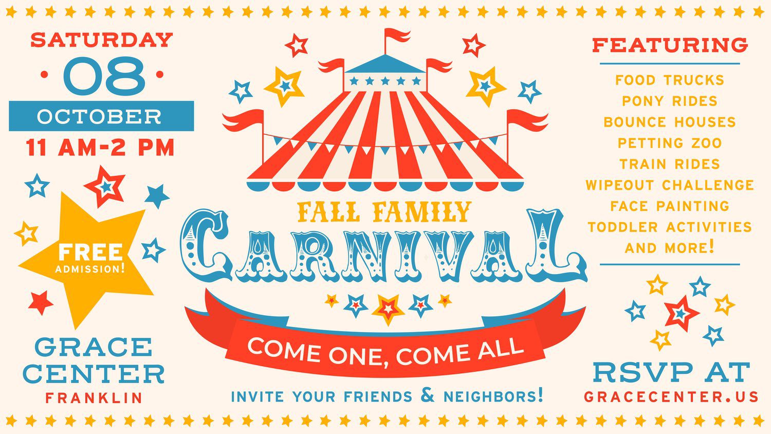 Fall Family Carnival in Franklin, Tennessee, pony rides, food trucks, a petting zoo, train rides, bounce houses (for all ages!), an obstacle course, a wipeout challenge, face painting, and more at Grace Center's Fall Family Carnival!