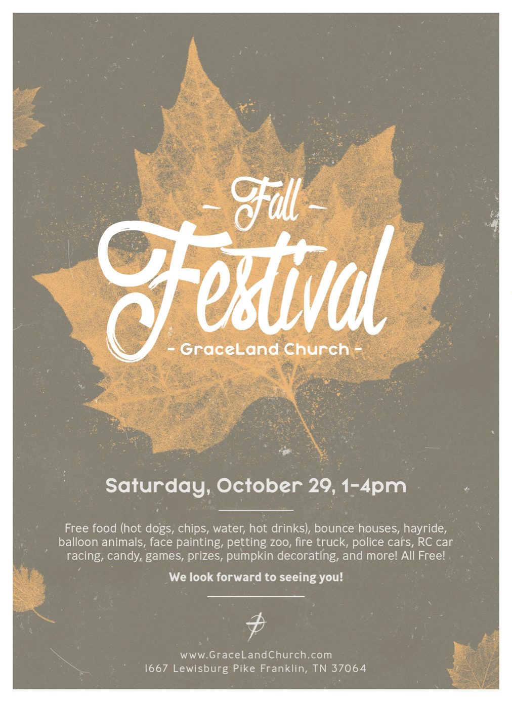 Fall Festival in Franklin, TN, bounce houses, hayride, balloon animals, face painting, petting zoo, fire truck, police cars, RC car racing, candy, games, prizes, pumpkin decorating, and more all free - GraceLand Church Franklin.