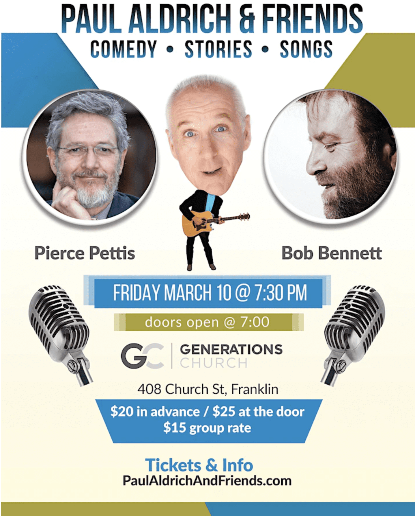 Paul Aldrich & Friends SPRING SHOW in Franklin, Tennessee, Musical Comedian Paul Aldrich hosts two of Christian Music's finest singer/songwriters – BOB BENNETT and PIERCE PETTIS!