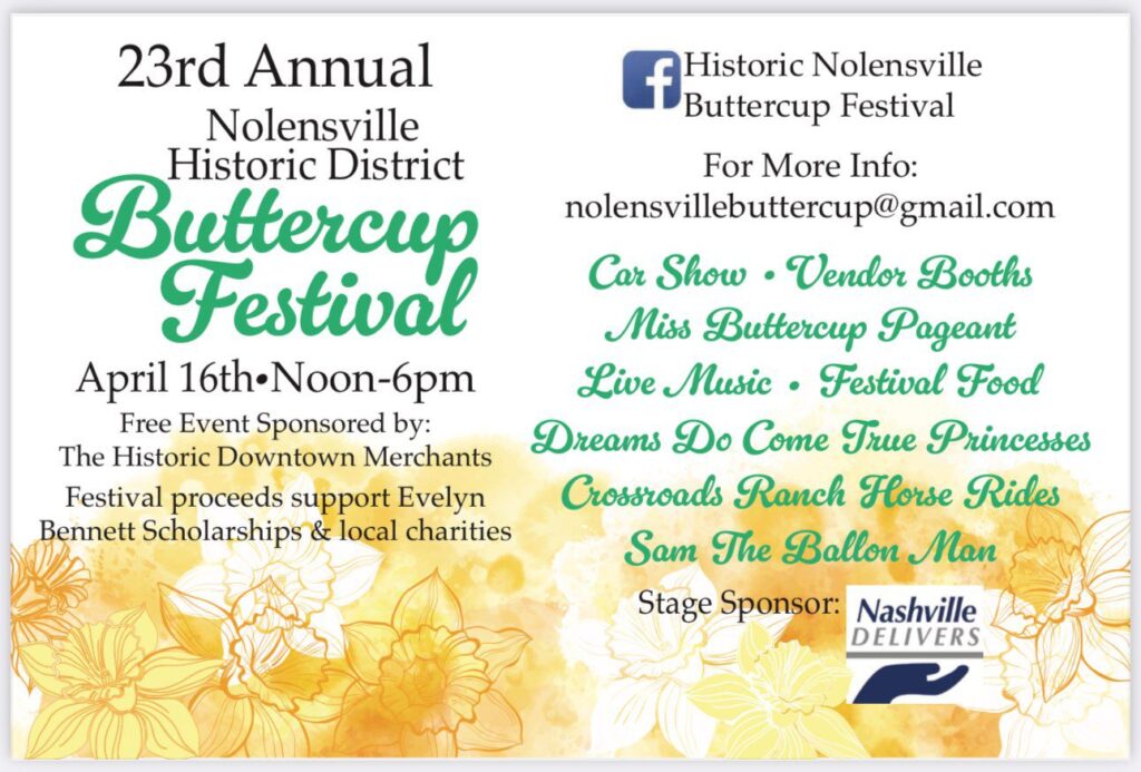 The Buttercup Festival in Nolensville, Tenn., enjoy a car show, live music, a Miss Buttercup Pageant, food vendors, Cross Roads Ranch horse rides, Sam The Balloon Man, artisan vendors and more!