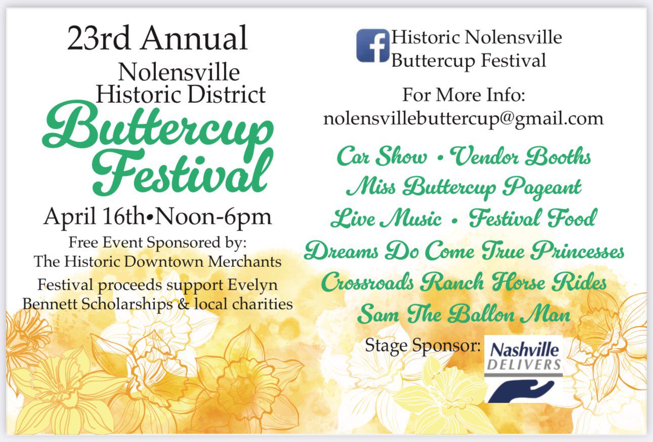 The Buttercup Festival in Nolensville, Tenn., enjoy a car show, live music, a Miss Buttercup Pageant, food vendors, Cross Roads Ranch horse rides, Sam The Balloon Man, artisan vendors and more!