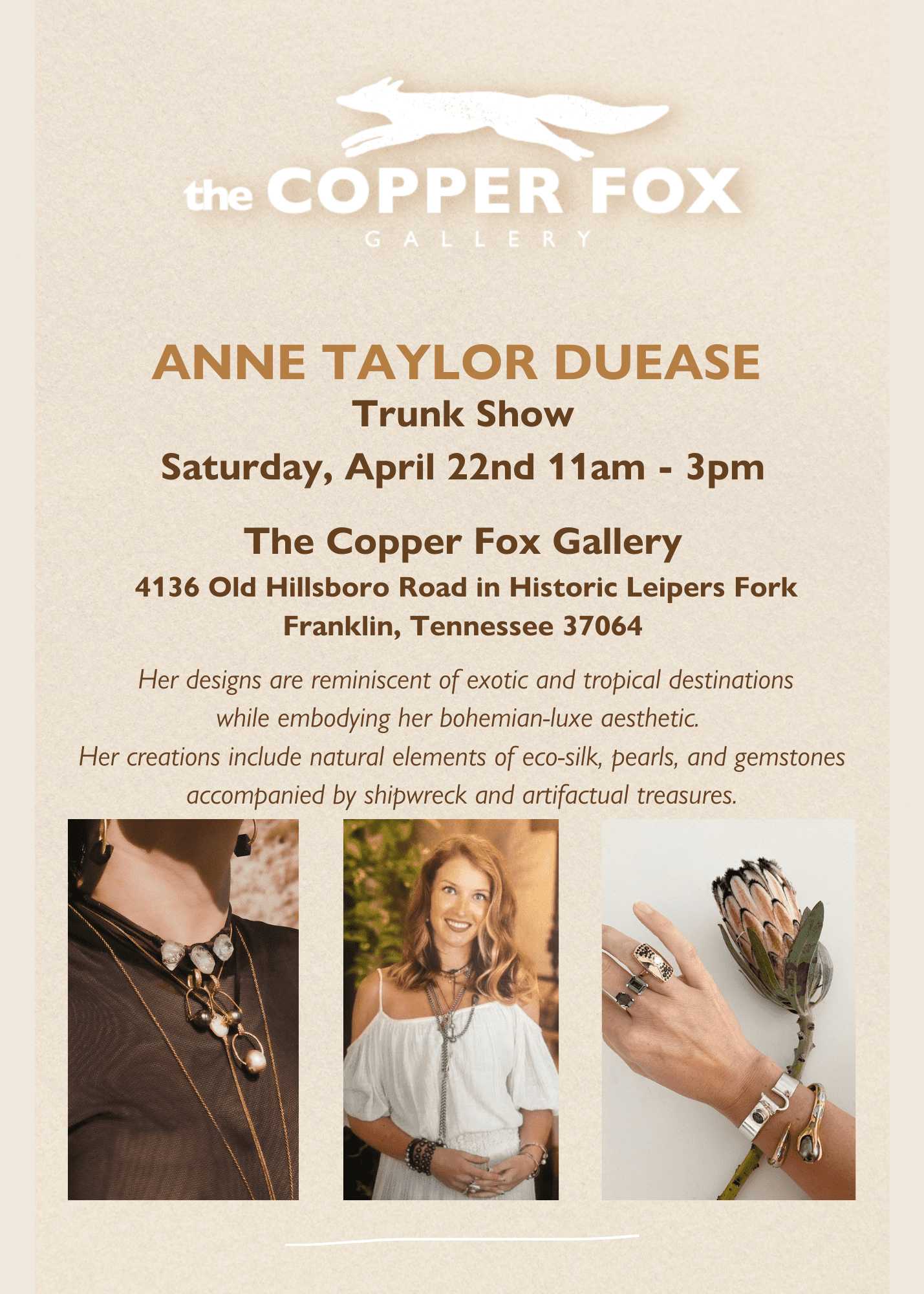 Anne Taylor Duease Jewelry Trunk Show Leiper's Fork TN, The Copper Fox Gallery.