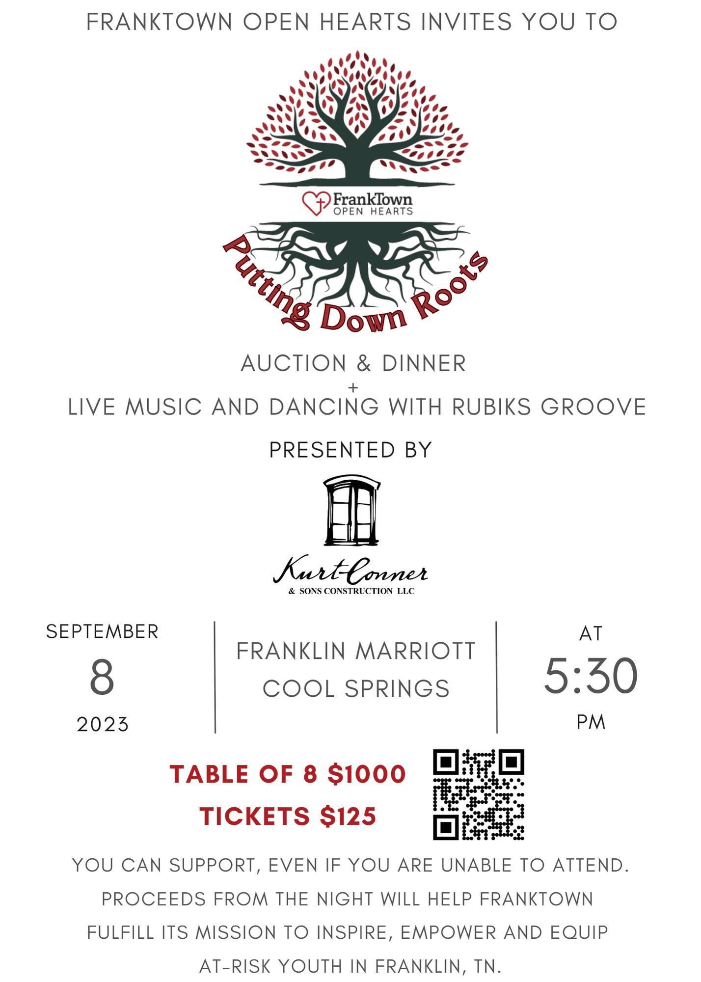 FrankTown's Annual Fundraising Dinner in Franklin, Tenn., enjoy a live and online auction, food, and live music by Rubiks Groove.