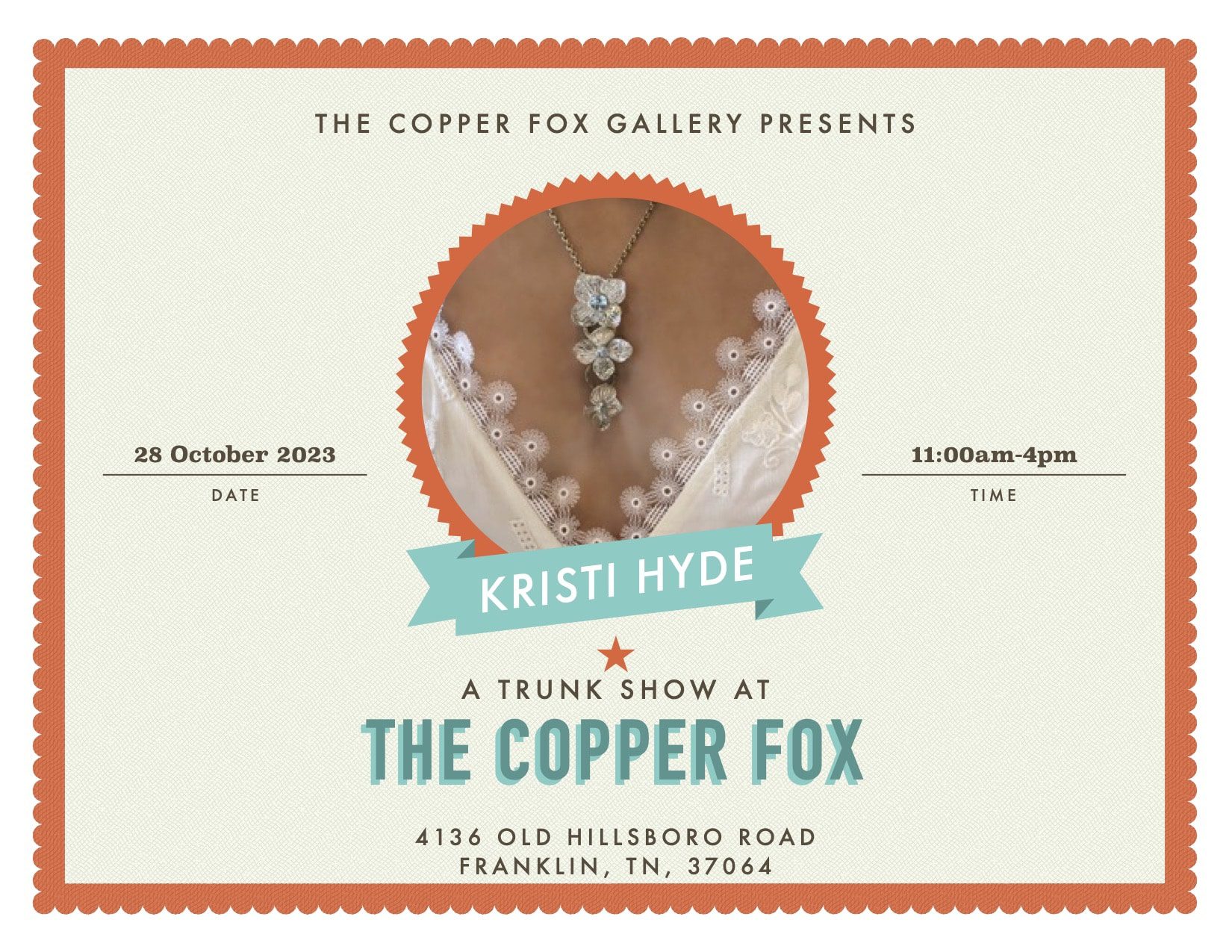 Kristi Hyde Trunk Show, a Lieper's Fork, TN event at The Copper Fox Gallery.