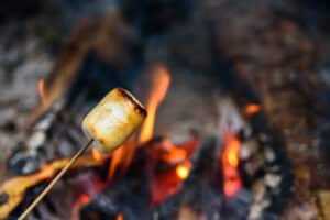 Owls-Hill-Marshmallow-Hikes-Brentwood-TN-Roasted marshmallow on wooden stick near camp fire.