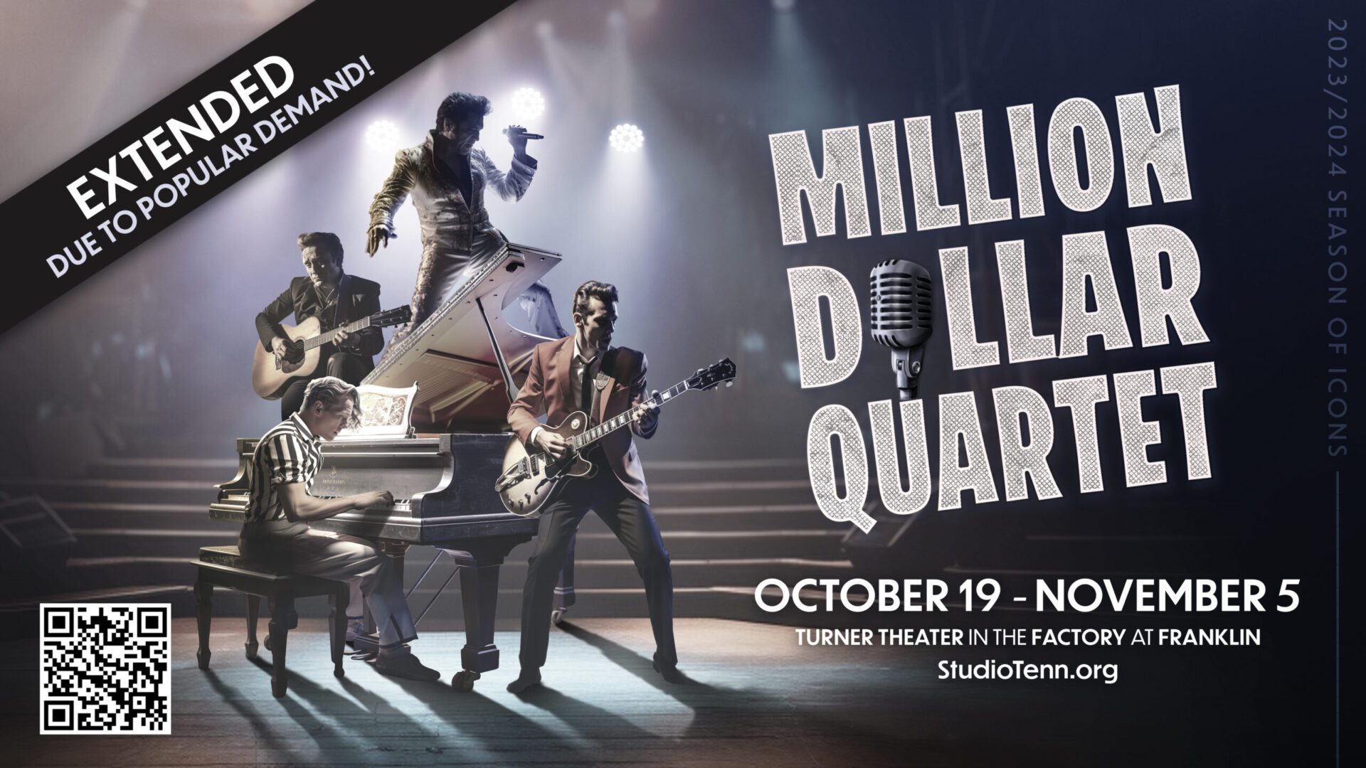 Graphic for Studio Tenn's Million Dollar Quartet in Franklin, TN at Turner Theater, inside The Factory at Franklin.