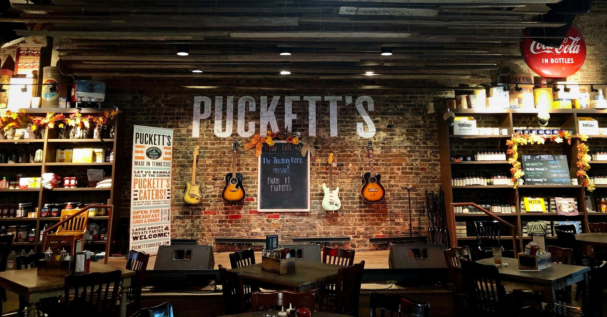 Pucketts Grocery in downtown Franklin, TN offers breakfast, lunch, dinner, beer, wine cocktails and more in an open dining area.
