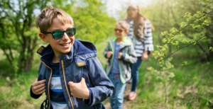 Family hiking in spring