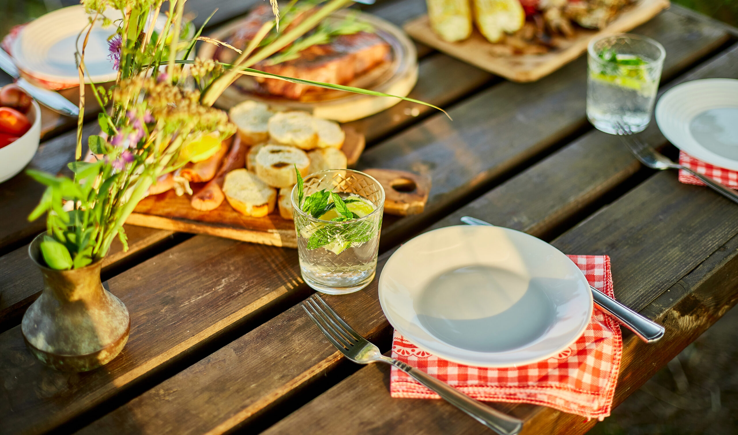 Outdoor dining picnic table and food