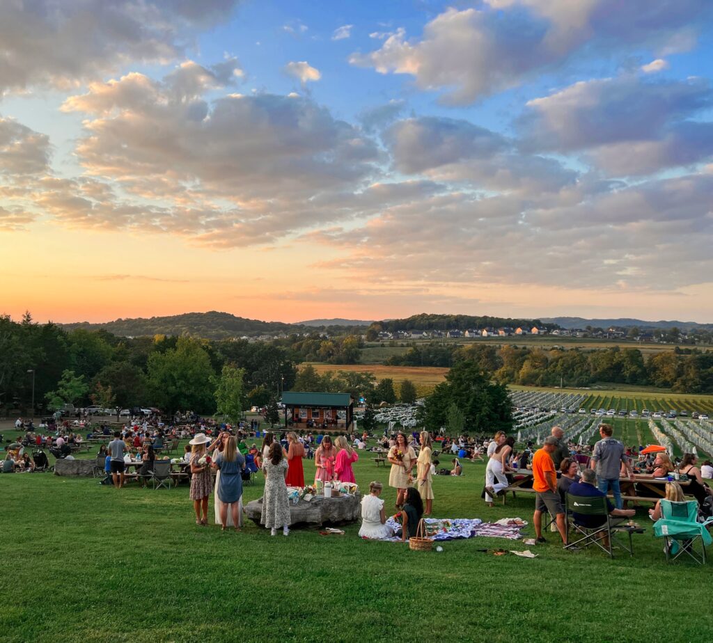 Crowd gathered on grassy hillside for live music at Arrington Vineyards in Tennessee at sunset
