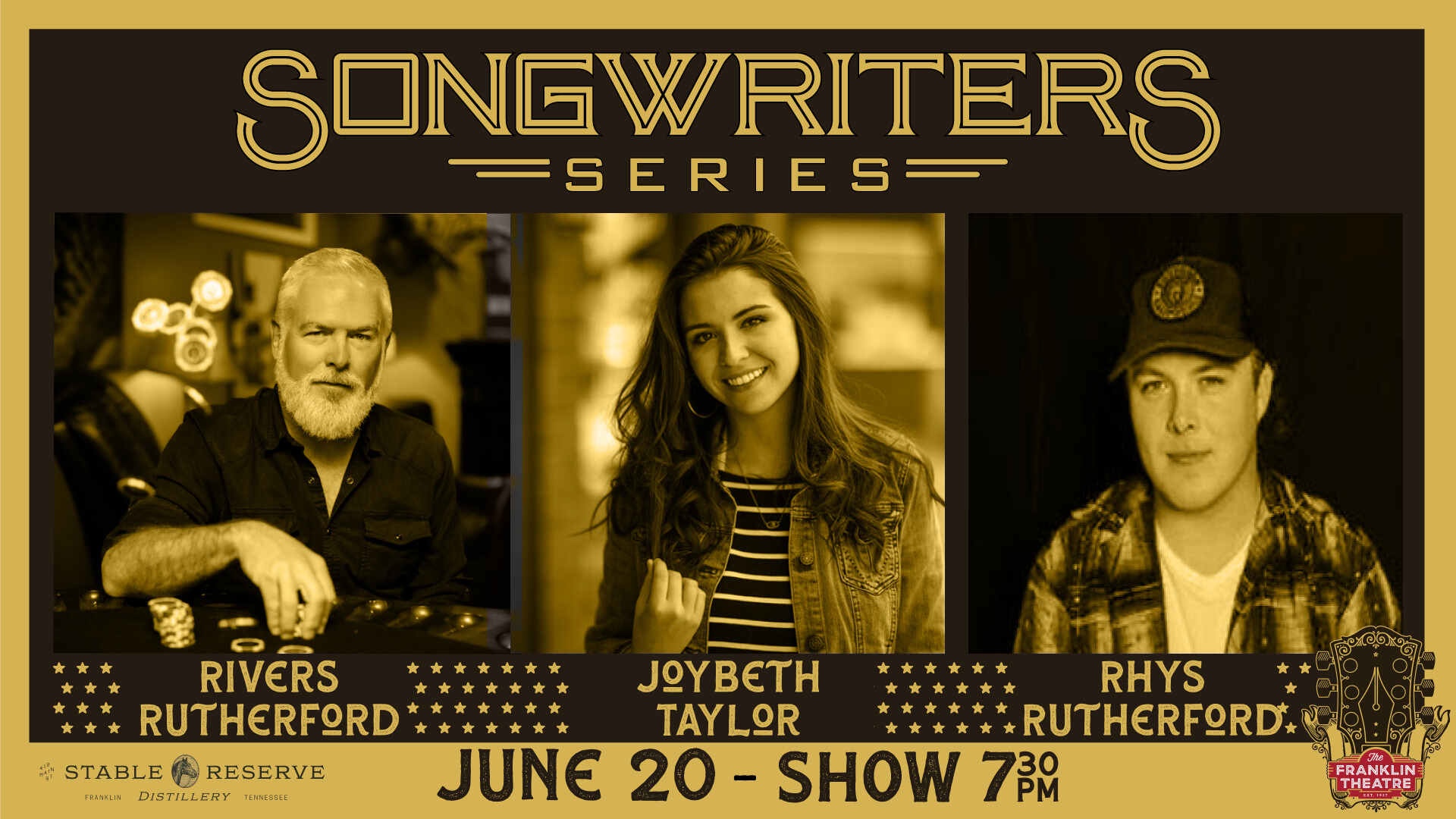 Franklin Theatre Songwriters Series Rivers Rutherford, Joybeth Taylor, and Rhys Rutherford.