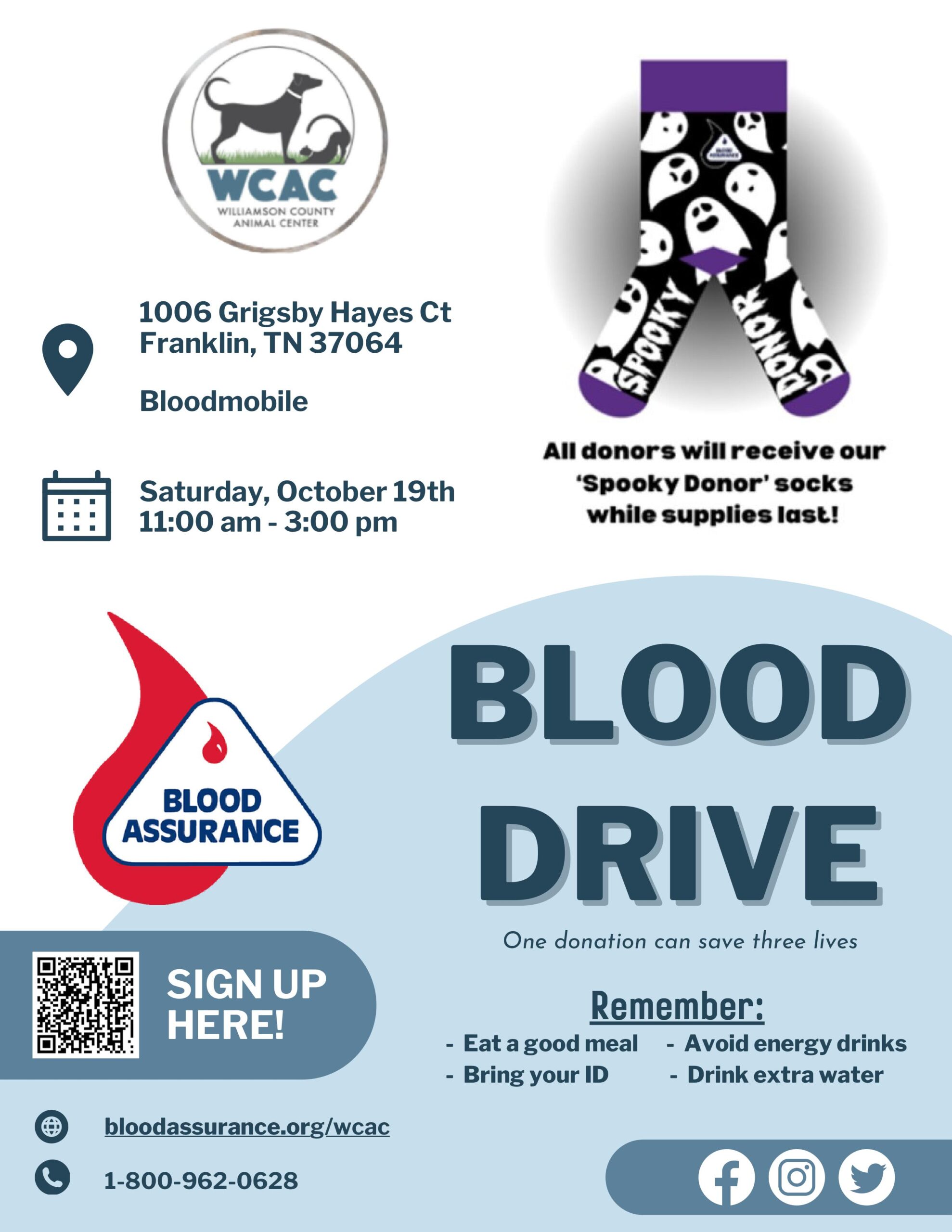 Oct 19 Blood Drive Poster, Williamson County Animal Center.