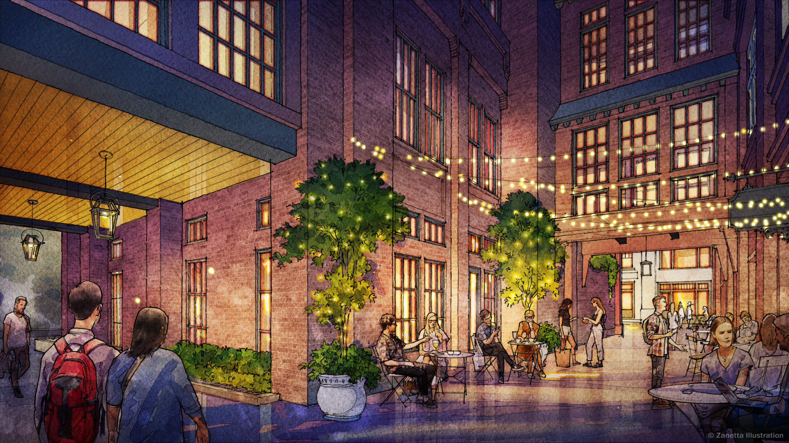 The Margin District in downtown Franklin, TN, rendering showing string lights and pedestrians along Columbia Avenue.