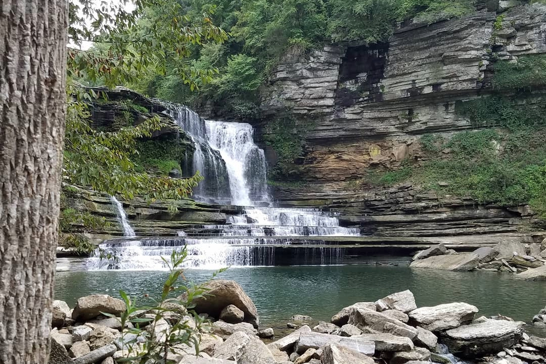 Cummins Falls Waterfall in Cookeville, Tennessee, in Cummins Falls State Park is the 8th largest waterfall in the state, and it is 1 hour and 35 minutes away from downtown Franklin.