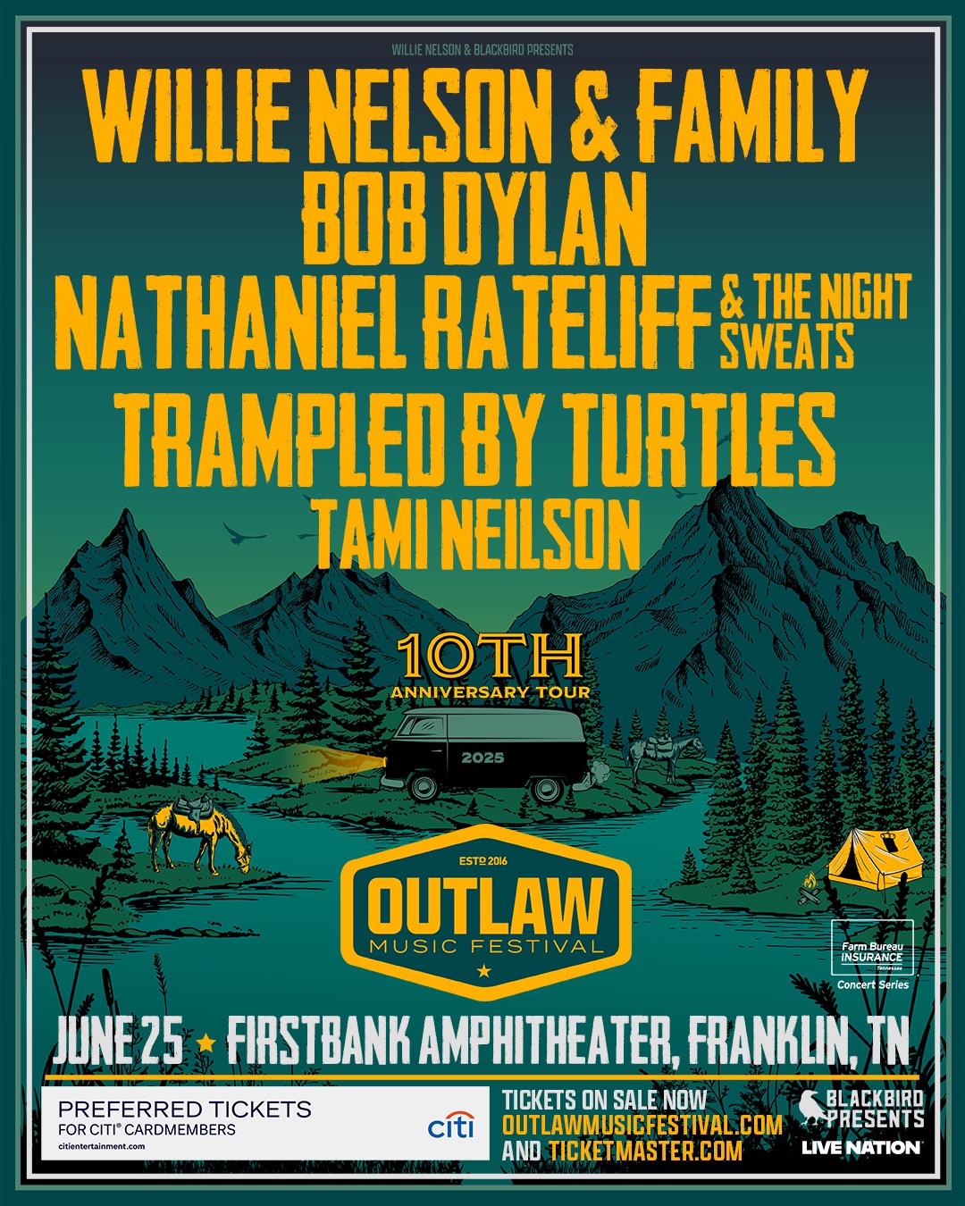 Outlaw Music Festival featuring Willie Nelson & Family, Bob Dylan, Nathaniel Rateliff & The Night Sweats, Trampled By Turtles & Tami Neilson in Franklin, TN at FirstBank Amphitheater.