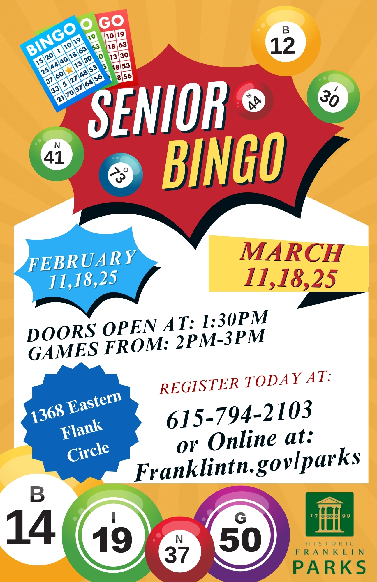 Senior Bingo Events in Franklin, TN in the month of March 2025.