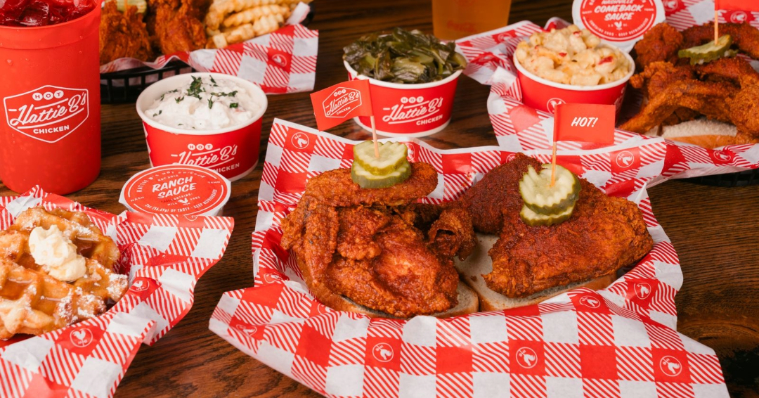 Hattie B's Hot Chicken meal in Middle Tennessee, including Nashville hot chicken, pickles, and sides.