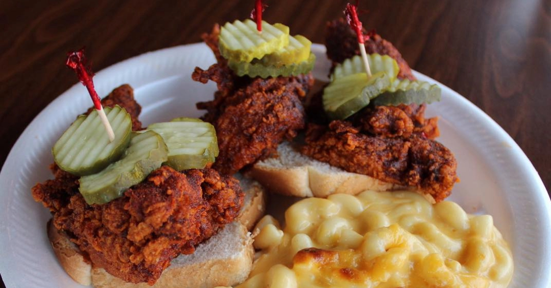 A meal at Bishop's Meat & 3 in Franklin, TN: Nashville hot chicken with pickles, bread, and mac n' cheese.