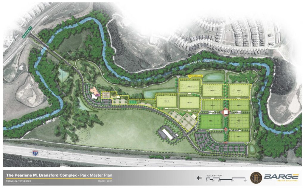 Pearlene M. Bransford Complex park “The Pearl,” features football and lacrosse fields, an inclusive playground called “Ellie G’s Dream World”, an ADA-accessible riverwalk, restrooms. Future phases will feature additional sports fields, sand volleyball courts, pickleball and basketball courts, a Clean Water Facility, an educational walking trail along the Harpeth River, Robinson Lake and other amenities.