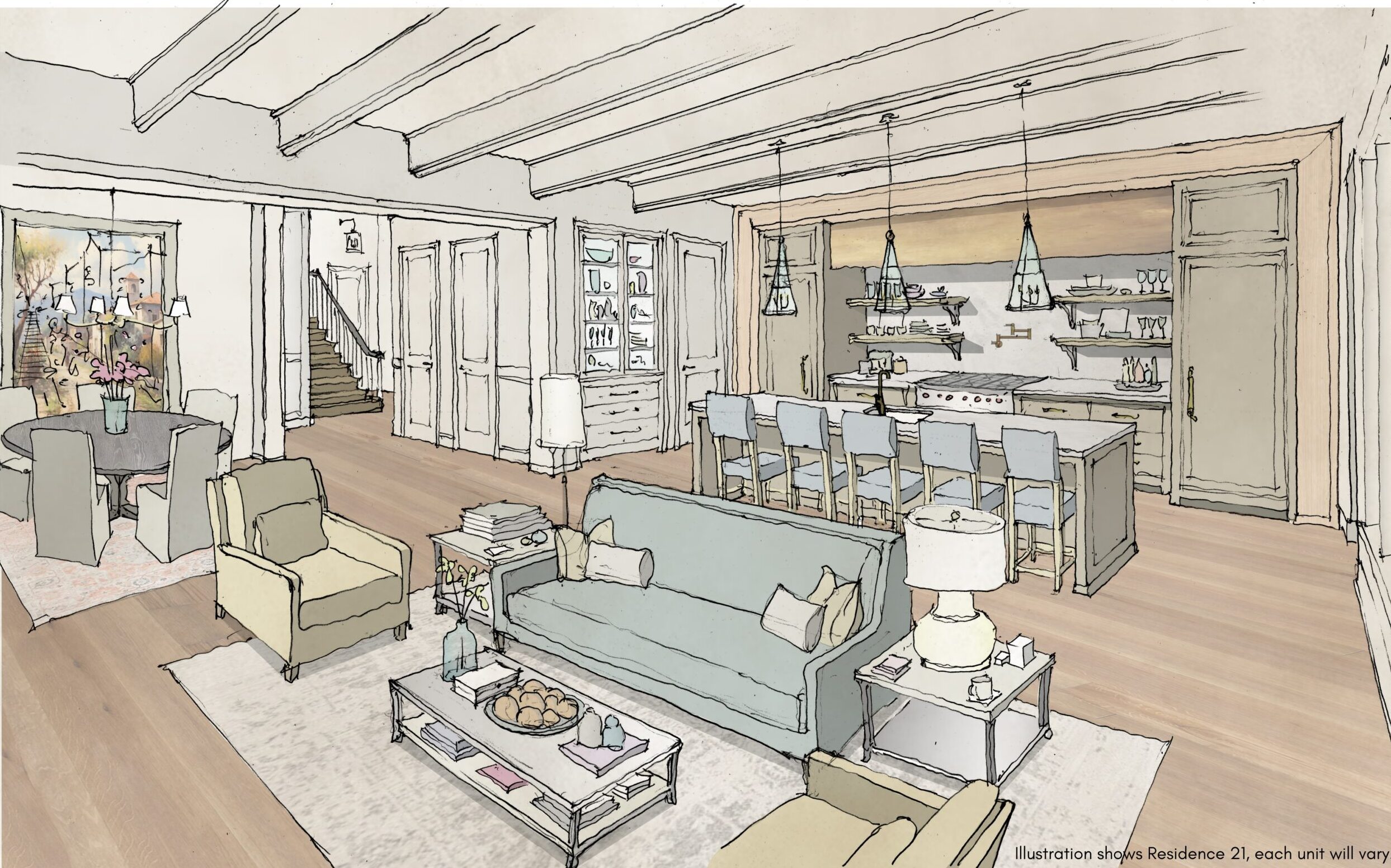 The Margin District in Franklin, TN, luxury condominium interior sketch of open floor plan.