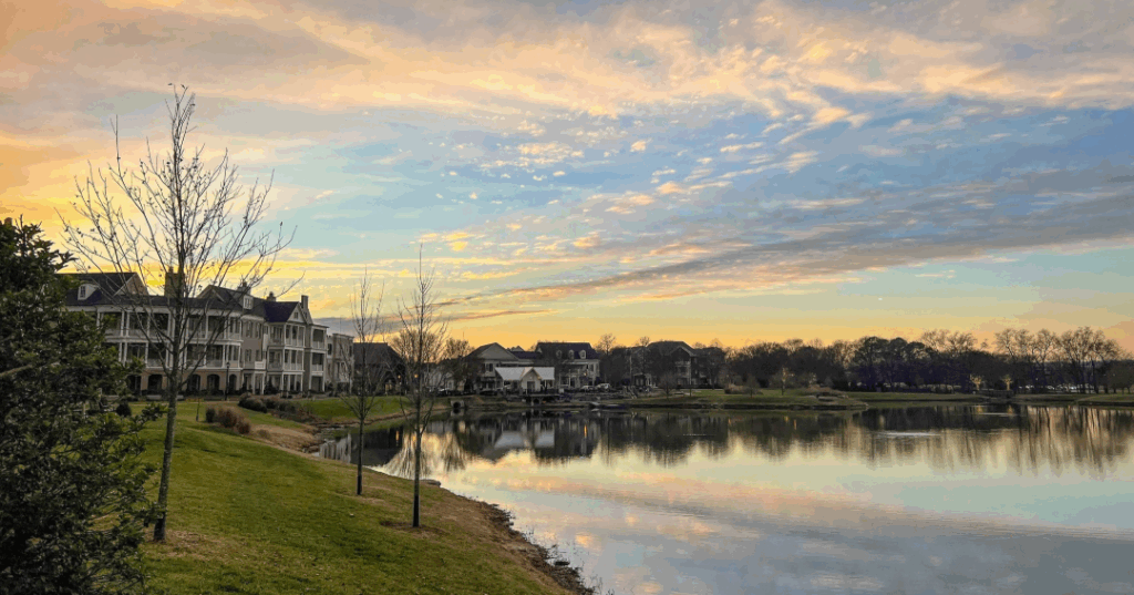 Westhaven Lakefront in Franklin, Tennessee at sunset.