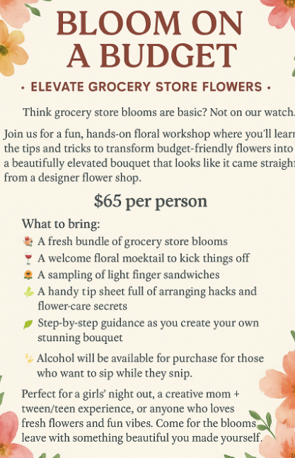 Bloom on a Budget – Elevate Grocery Store Flowers event at Fork of the South in Franklin, TN.