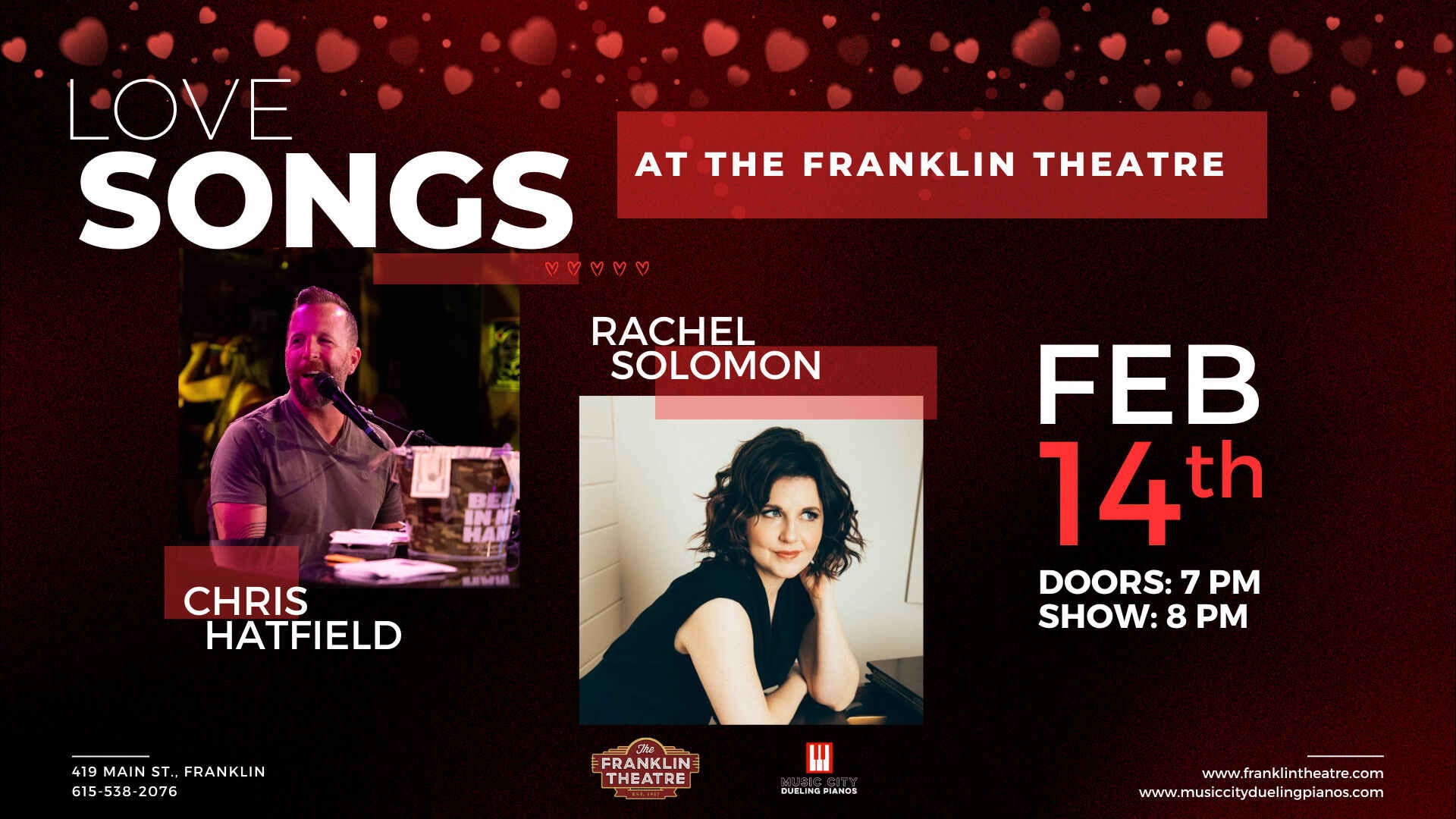 Music City Dueling Pianos- Love Songs in downtown Franklin at The Franklin Theatre on February 14.