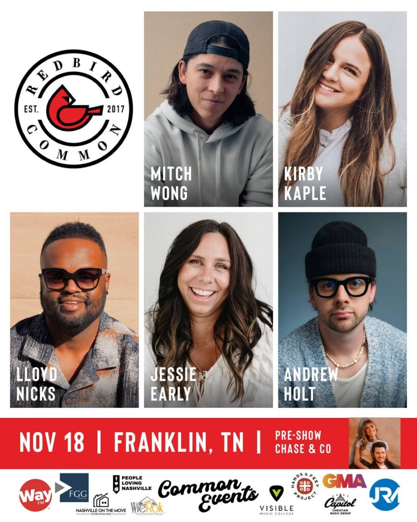 Redbird Common event in Franklin, TN., Redbird Common is a bimonthly songwriters' round, founded by Rebecca Jones in 2017. Each event features from GRAMMY-winning artists to emerging talent.