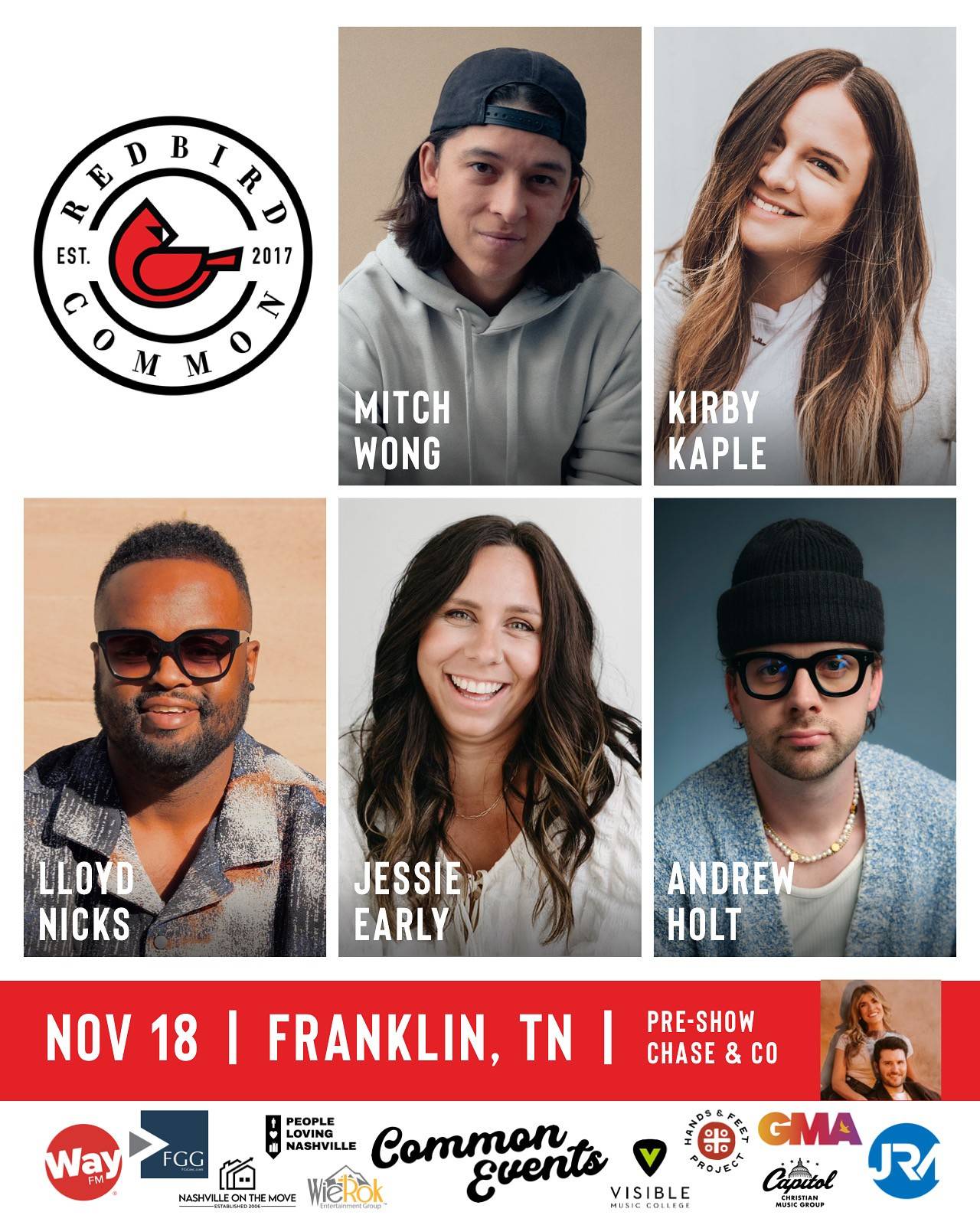 Redbird Common event in Franklin, TN., Redbird Common is a bimonthly songwriters' round, founded by Rebecca Jones in 2017. Each event features from GRAMMY-winning artists to emerging talent.