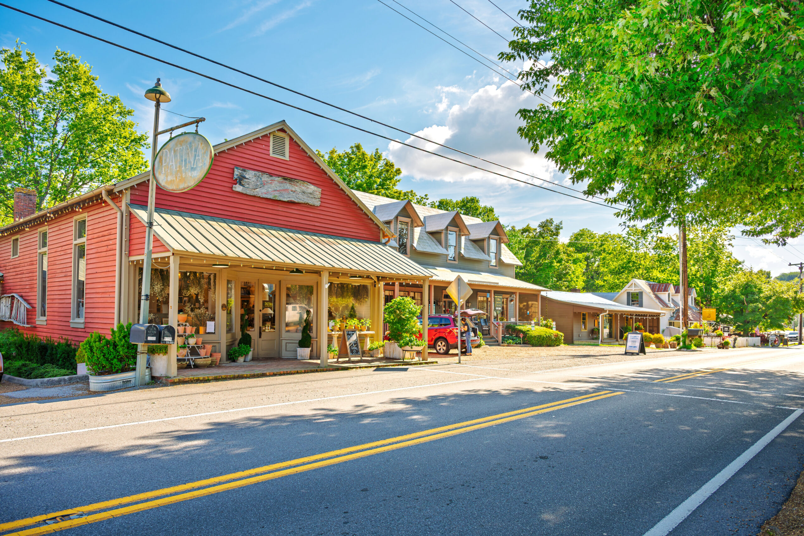 Historic storefronts and locally owned shops along the main street in Leiper’s Fork, TN.