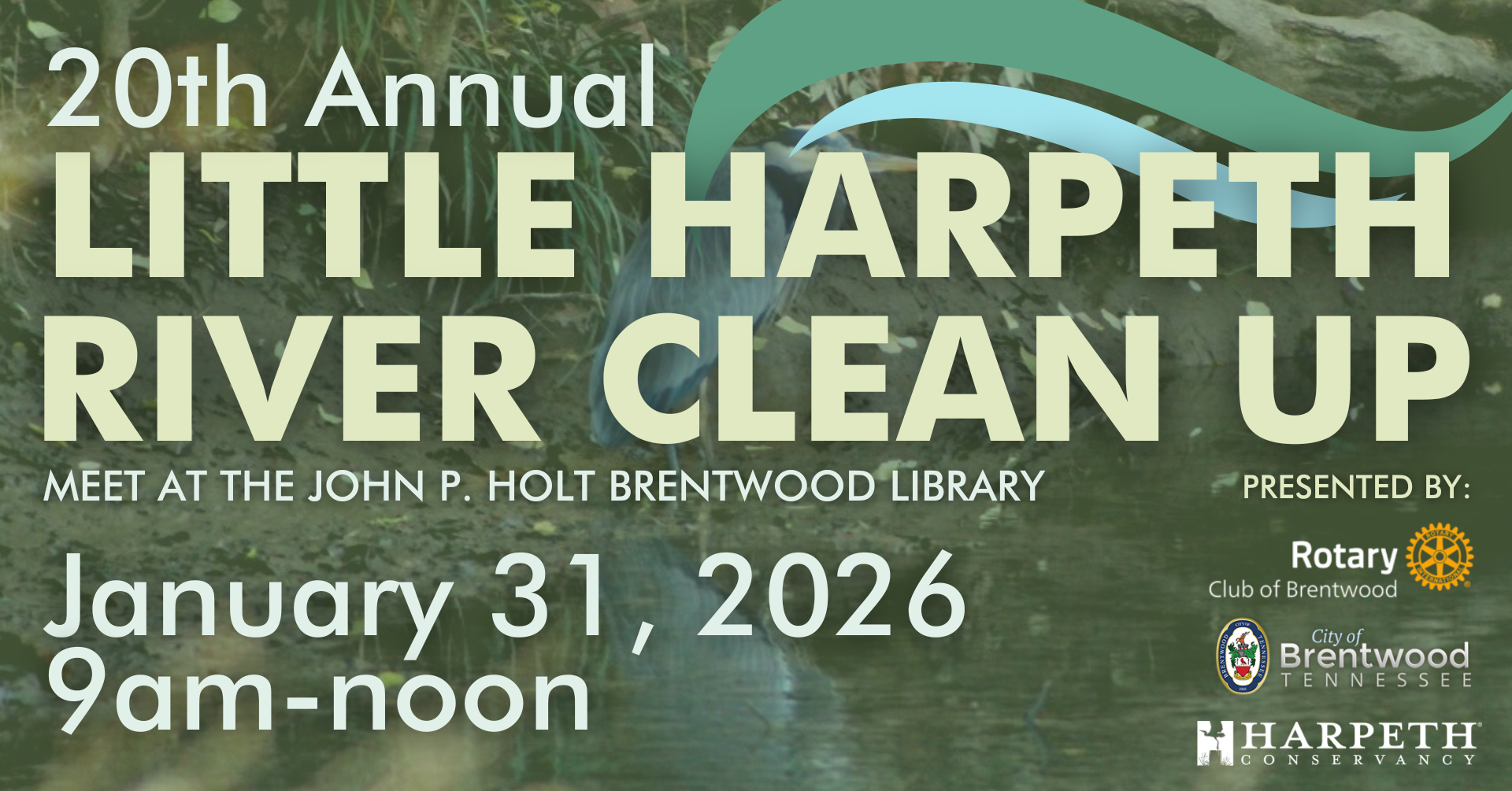 20th Annual Little Harpeth River Clean Up, join Harpeth Conservancy, the Brentwood Noon Rotary Club and the City of Brentwood for the 20th Annual Little Harpeth River Clean Up! We’ll gather together before breaking off into teams to cover the 10-mile stretch of the Little Harpeth that flows through Brentwood.