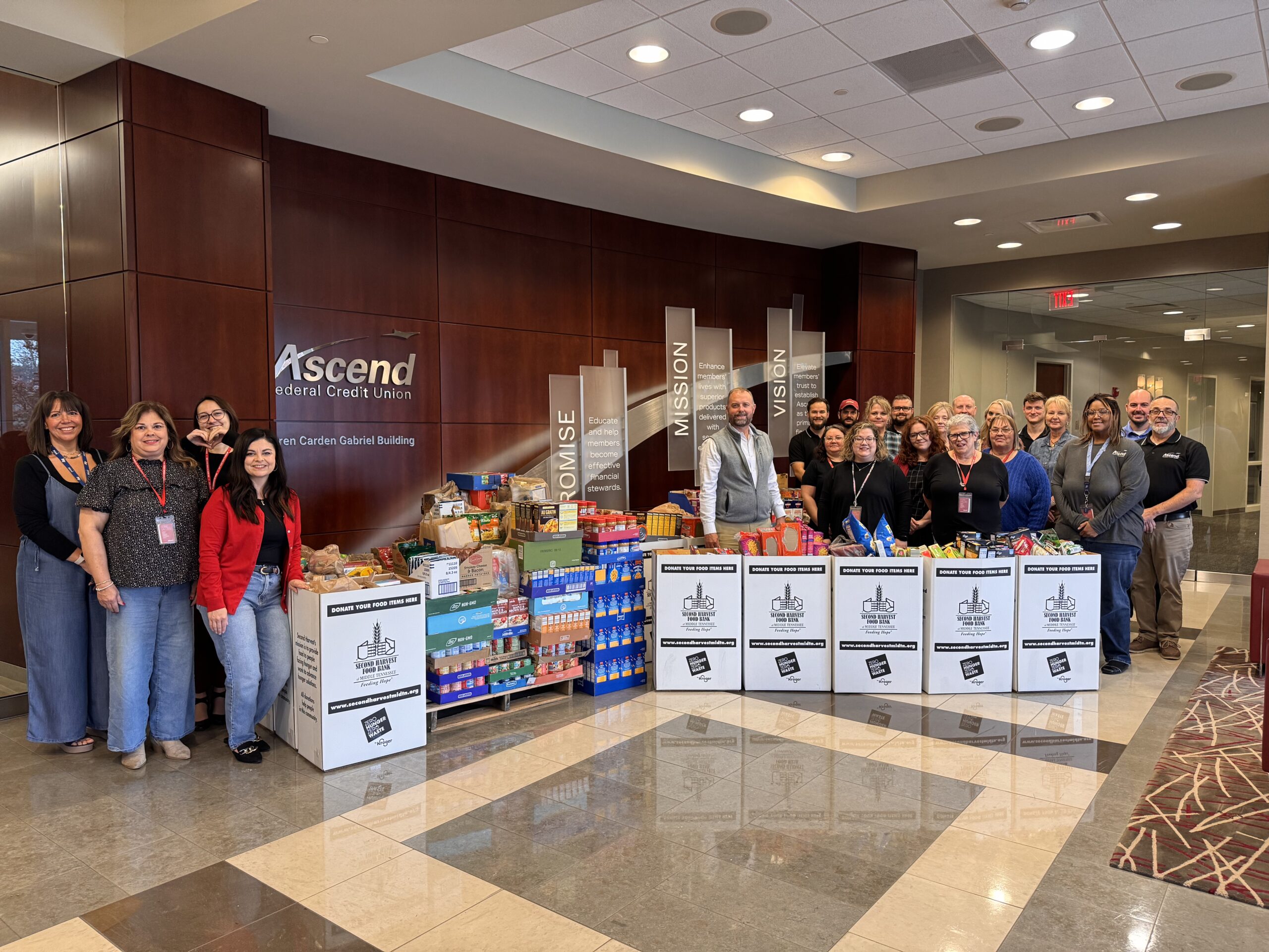 Ascend Federal Credit Union Donates $55,000 and Over 13,000 Food Items to Second Harvest Food Bank of Middle Tennessee.