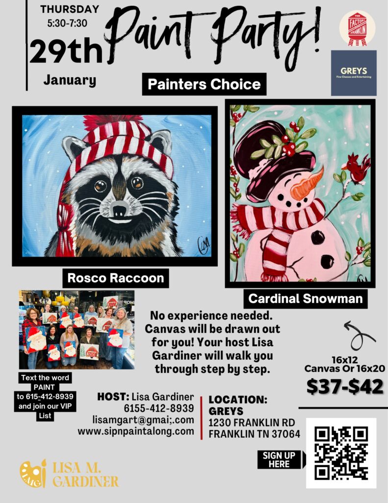 Paint Party at Grey's Fine Cheeses in The Factory at Franklin | Rosco Raccoon or Cardinal Snowman.