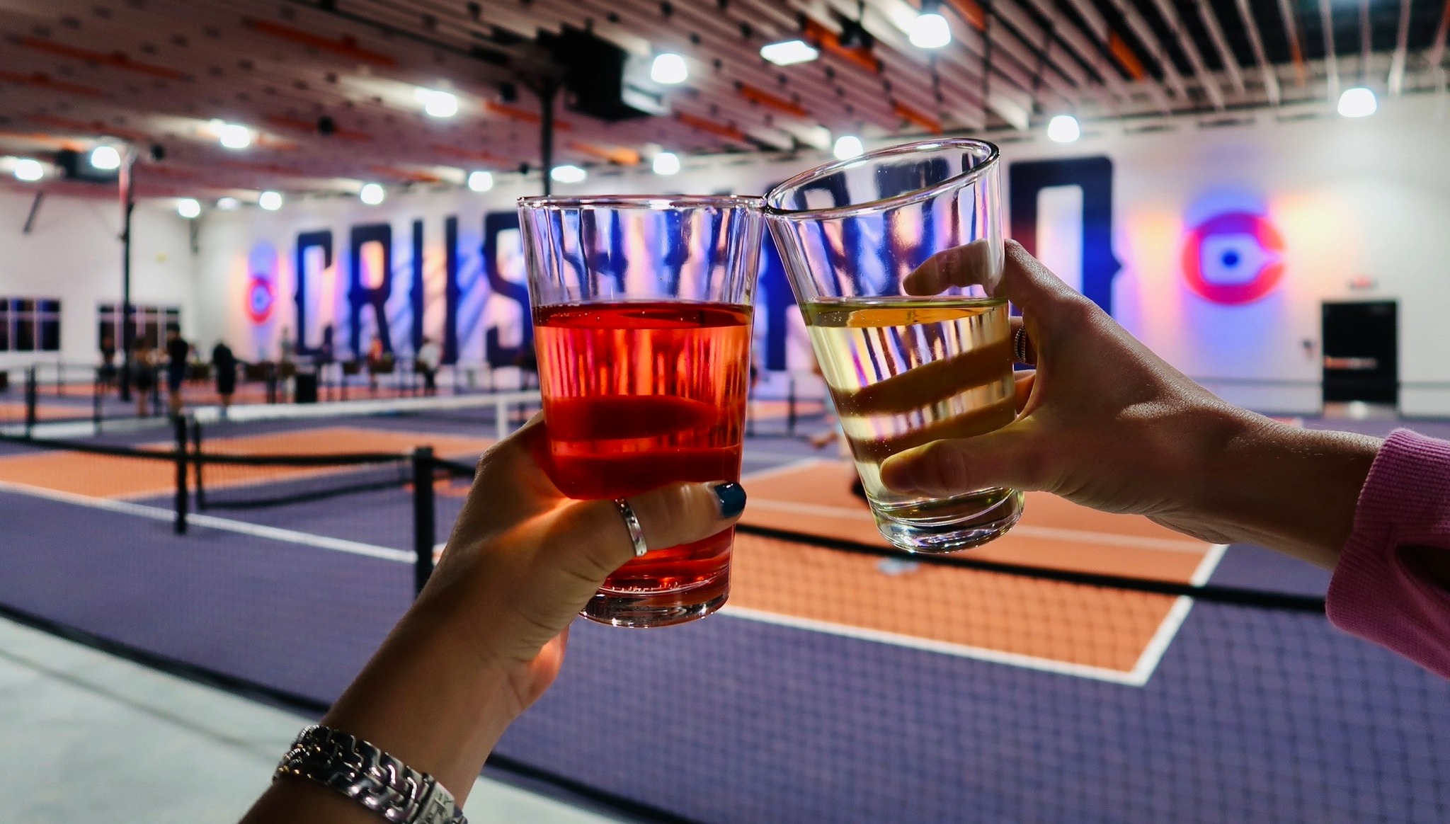 Crush Yard Nashville in Brentwood, Tennessee, showing drinks and pickleball court.