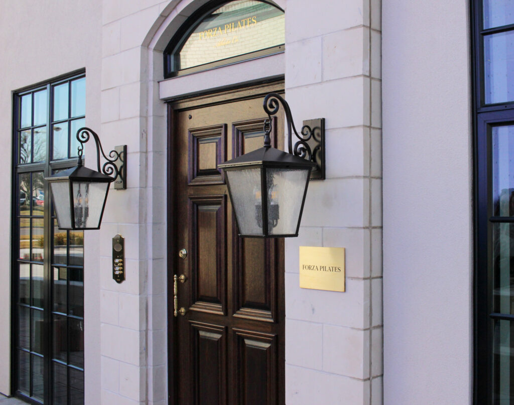 Forza Pilates, Franklin, TN, entrance door, lanterns and sign